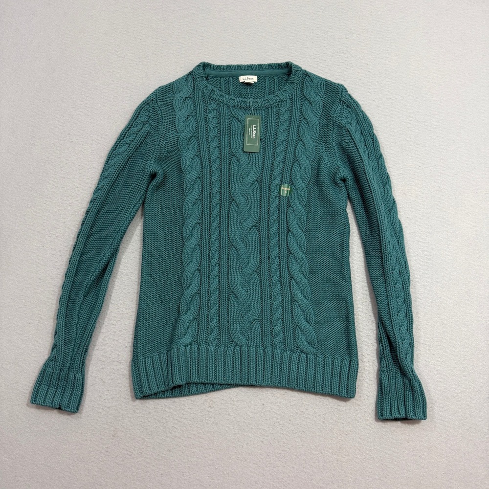 LL Bean Sweater Women Small Storm Teal Double L Cable Crewneck Cotton 517898 NEW